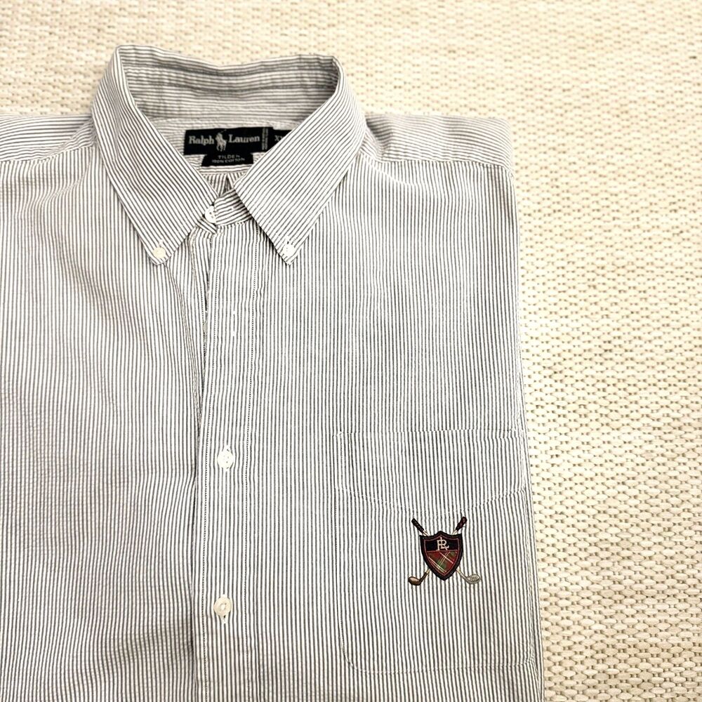 RL Tilden XXL Short Sleeve Blue White Seersucker Stripe Golf Crest Vintage